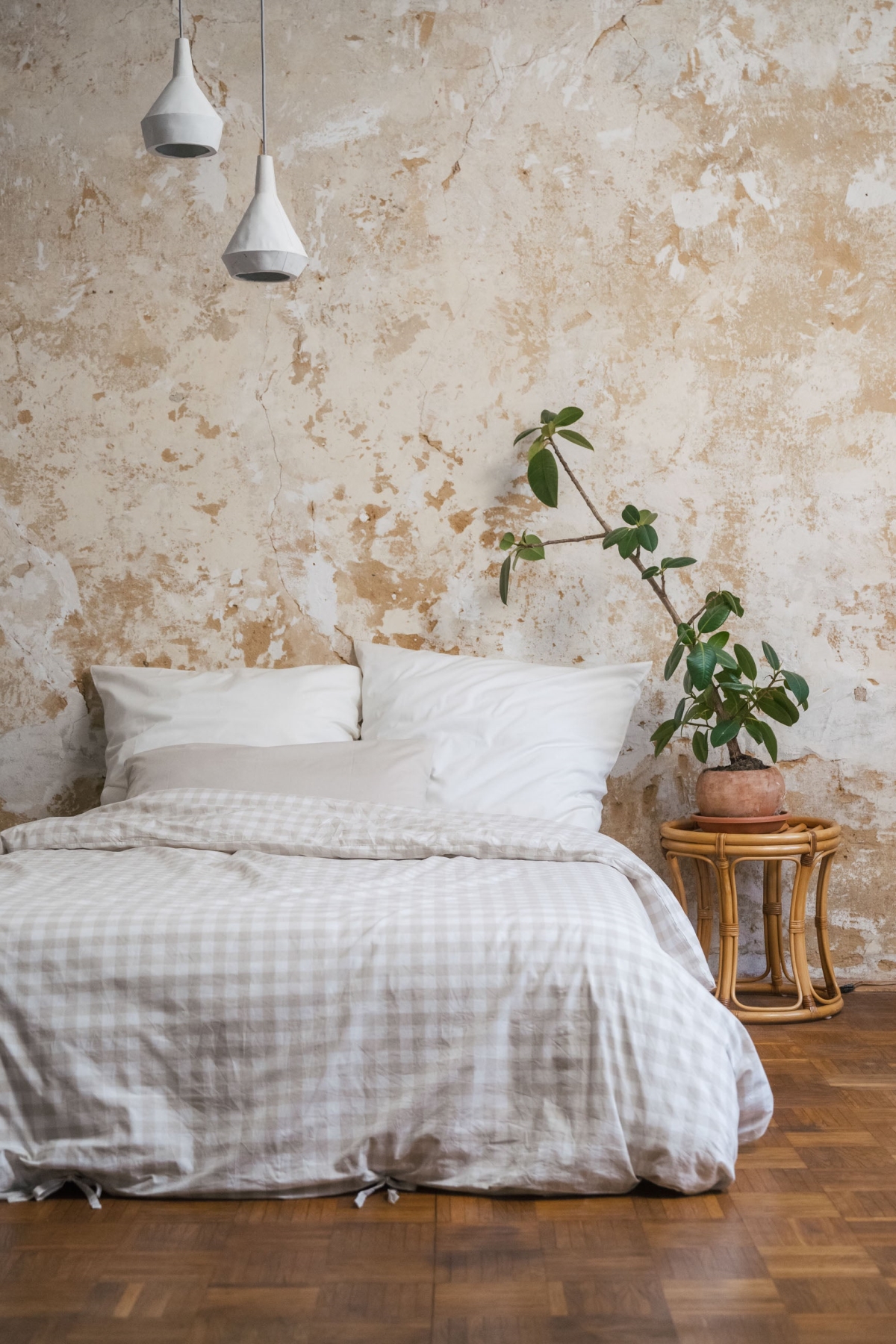 Image of MELA unisex vegan Beddengoedset Majuli Check Birch / Natuurlijk Wit