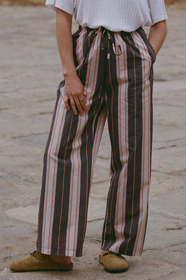 Image of NÃ©nÃ©s dames vegan Broek Mathilde Strepen Pruimrood/Bruin