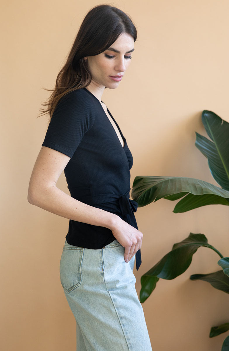 Avani womens vegan Wrap Top Olivier Black