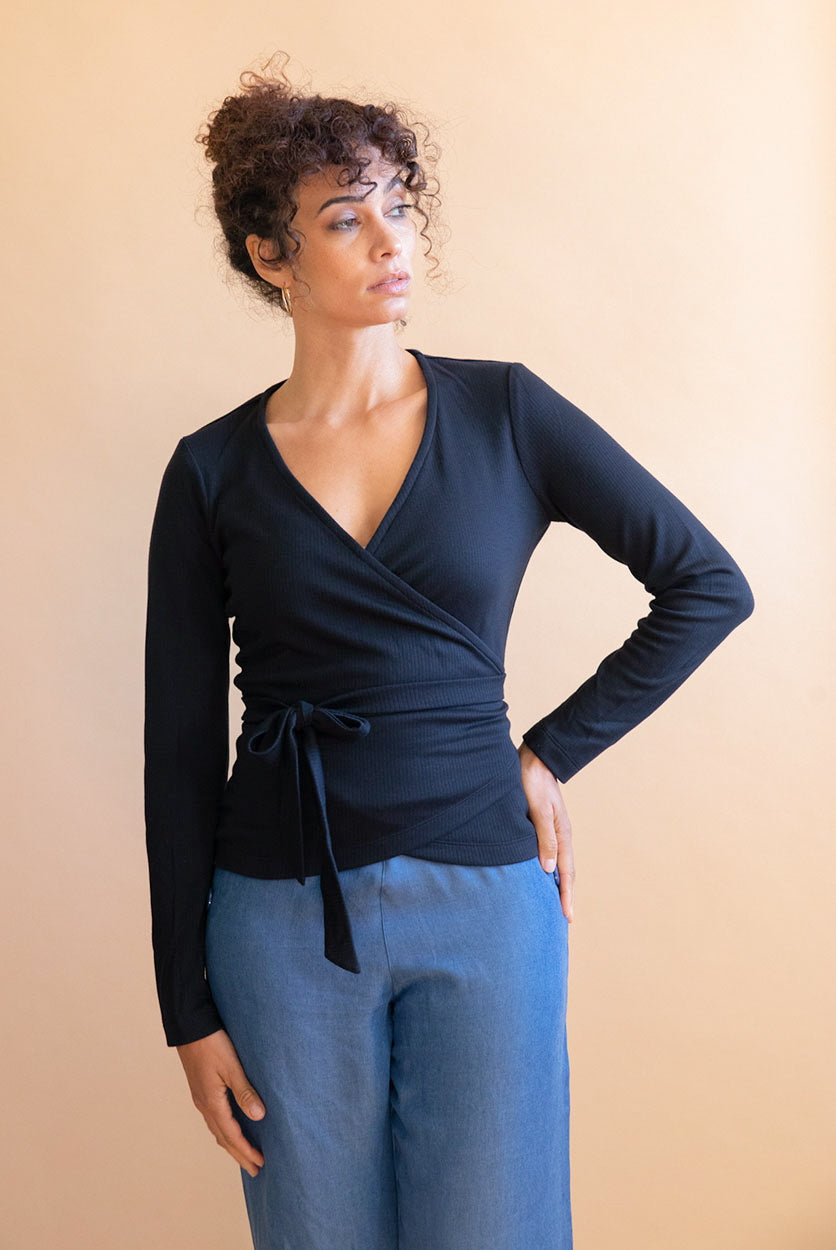 Avani womens vegan Wrap Top Long Sleeved Olivier Black