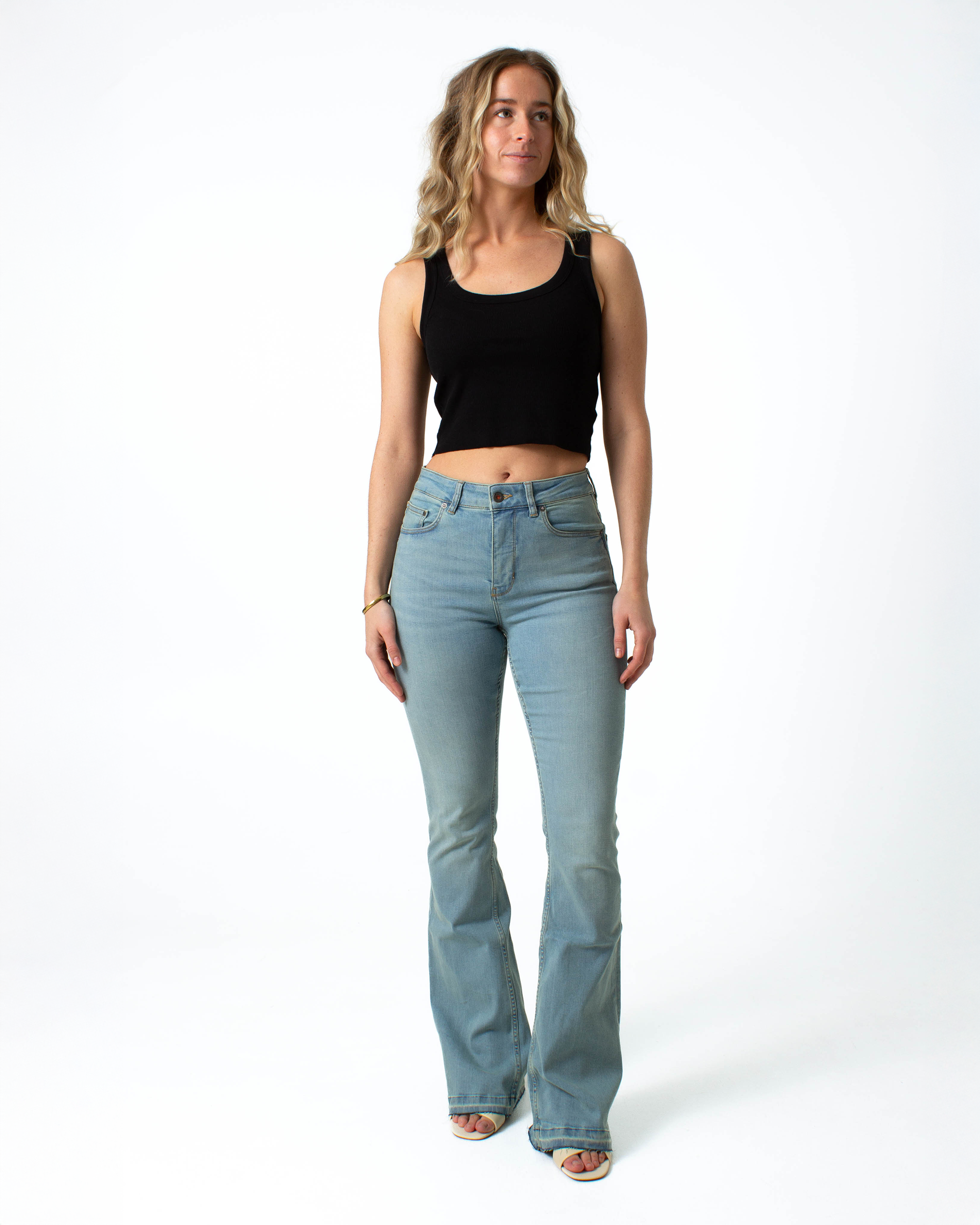 Kuyichi womens vegan Jeans Lisette Flare Ripped Hem Blue
