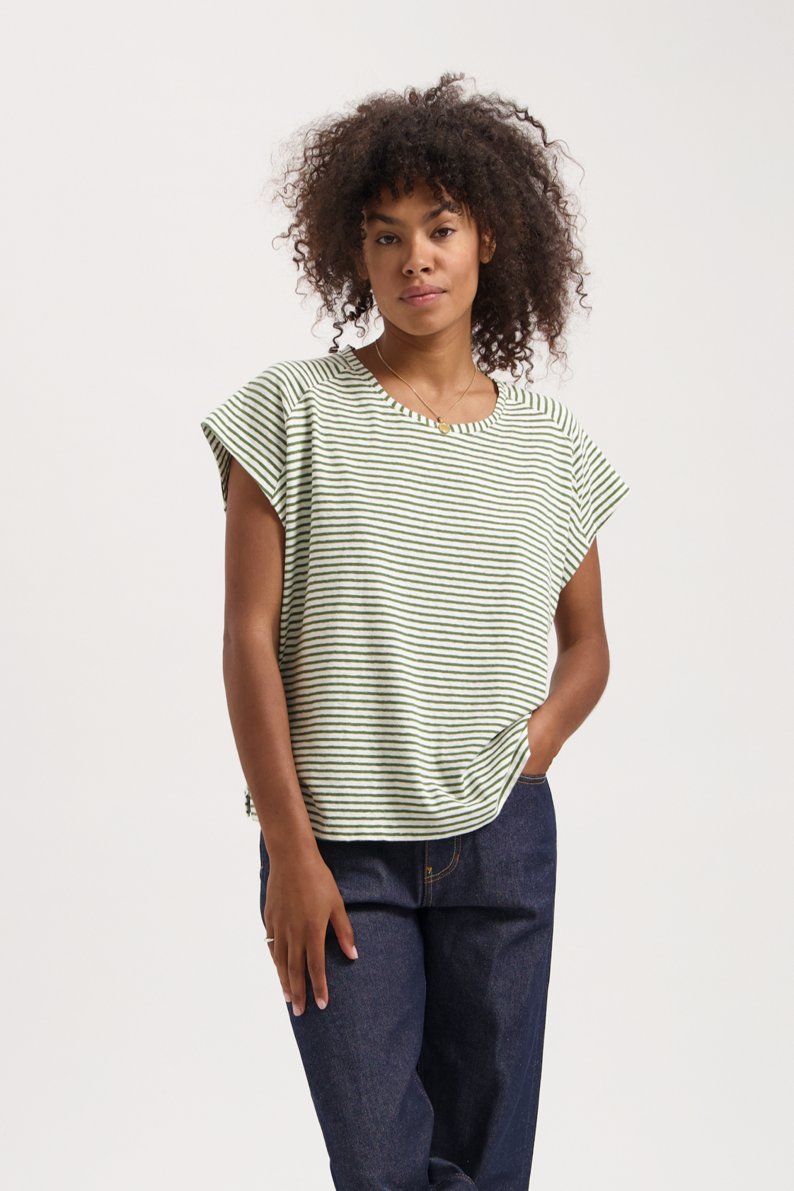 Kuyichi Damen vegan T-Shirt Celine Gestreift TannengrÃ¼n & Cremefarben