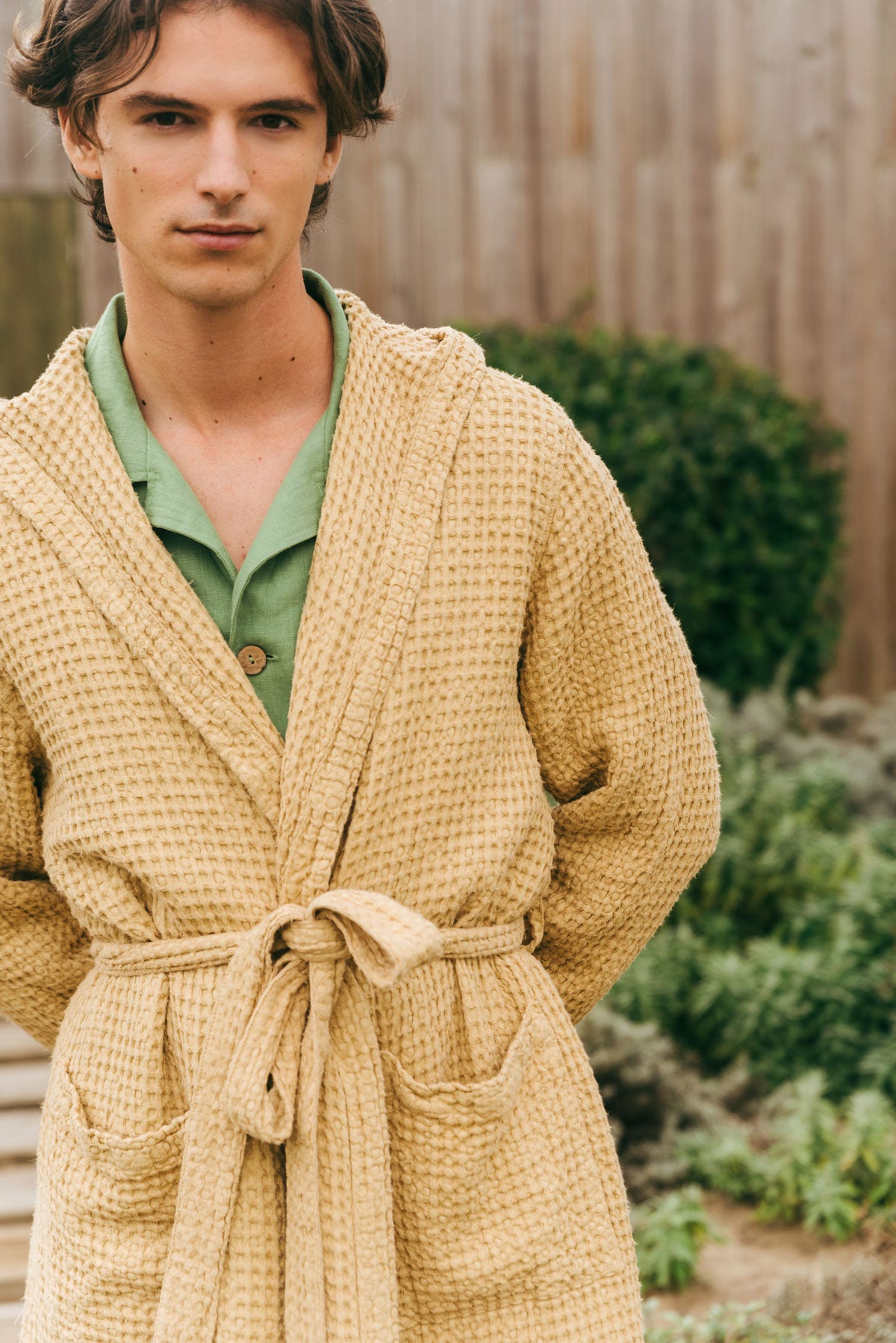 AmourLinen men vegan Bathrobe Waffle Mustard