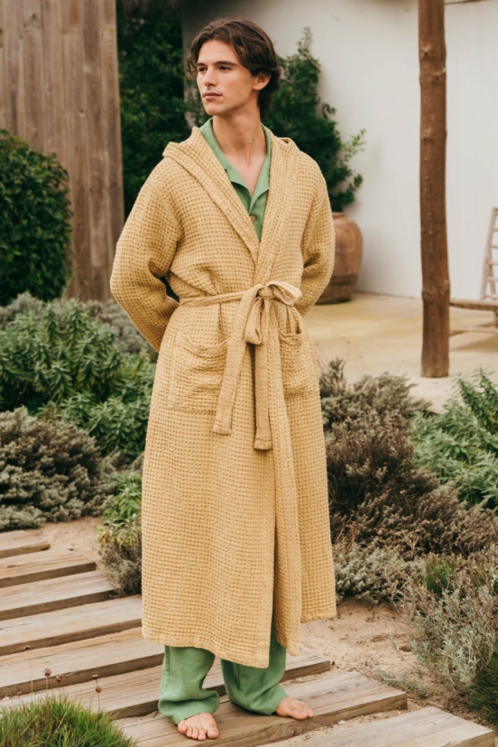 Image of AmourLinen mannen vegan Badjas Wafel Mosterd