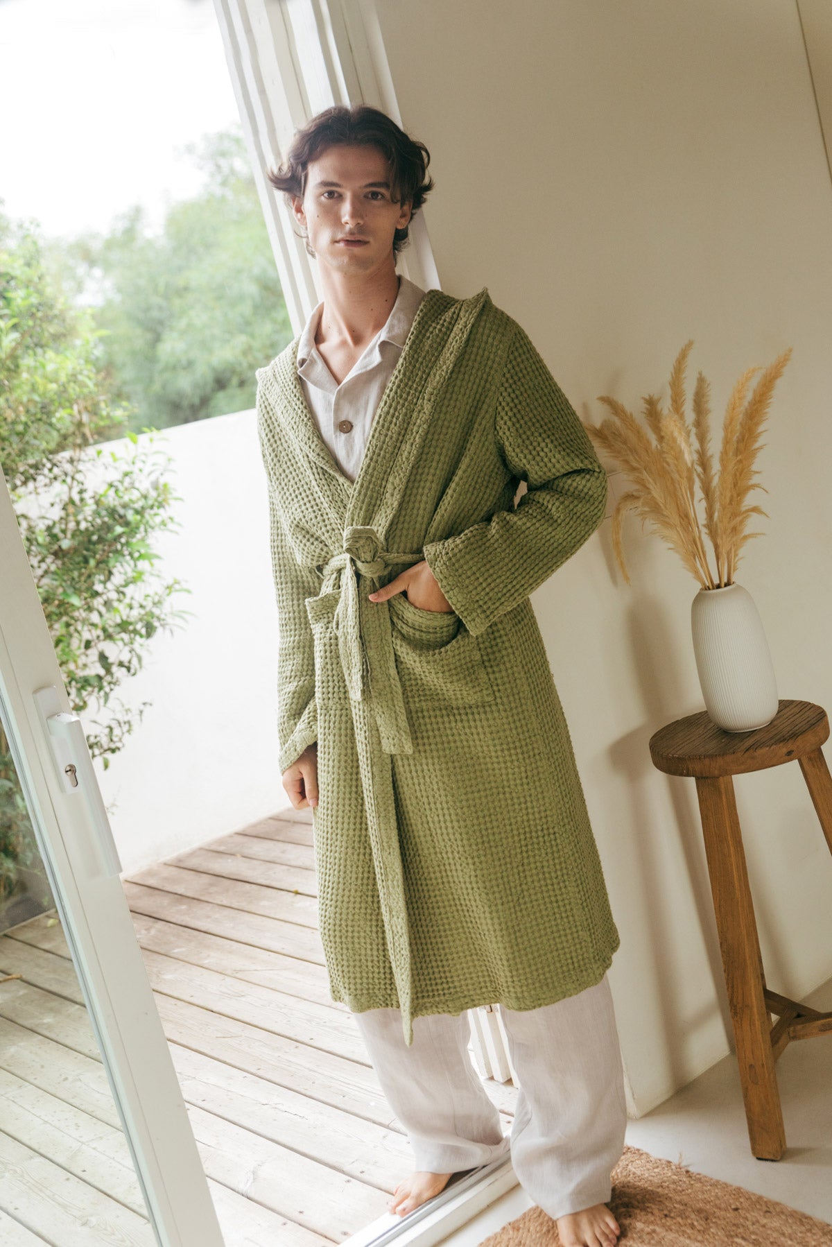 AmourLinen Bathrobe Waffle Linen Moss Green