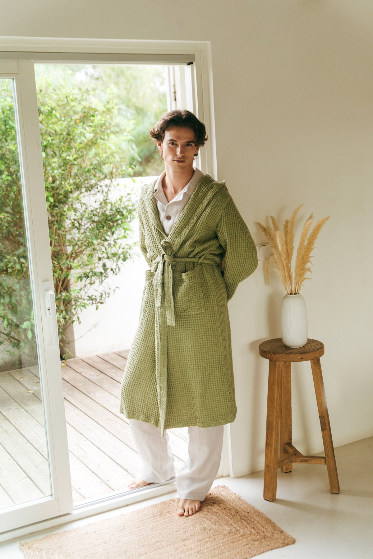 AmourLinen Bathrobe Waffle Linen Moss Green