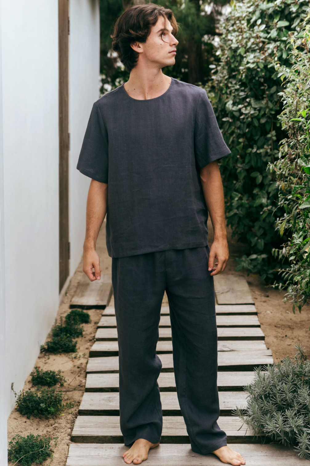 AmourLinen Herren vegan Set Pyjama Kurzarm Leo Anthrazit