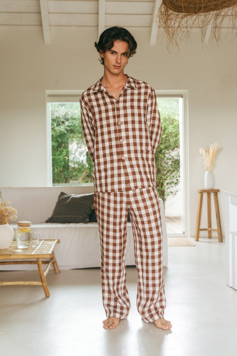 AmourLinen Herren vegan Set Loungewear Oliver Mocha Gingham