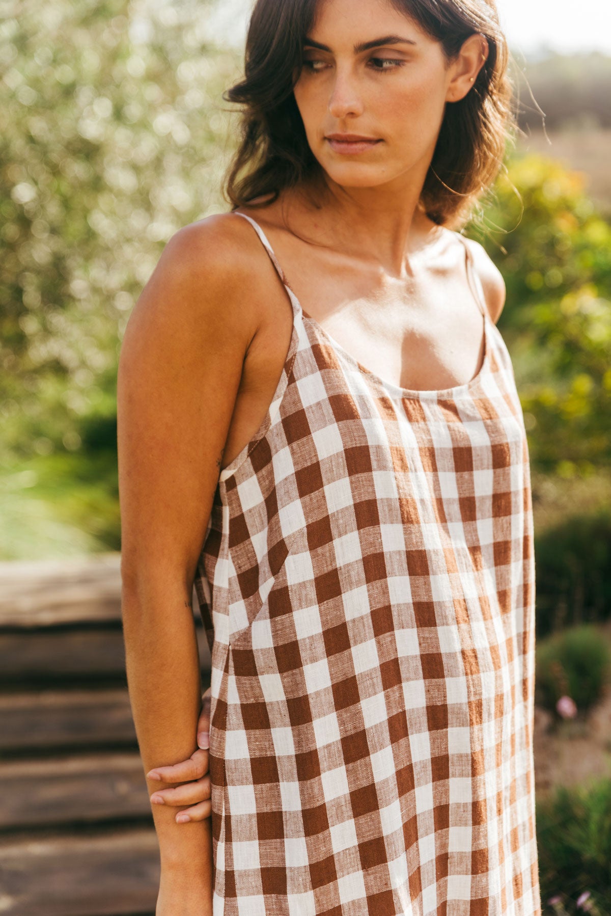 AmourLinen womens vegan Night Gown Dreamy Mocha Gingham