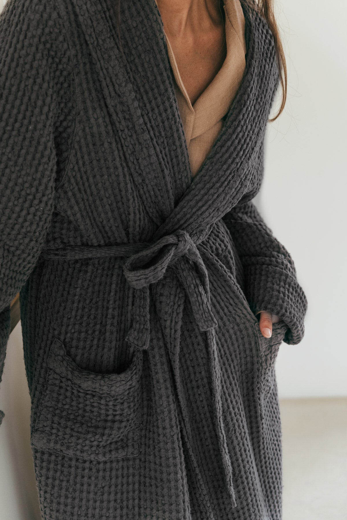 AmourLinen womens vegan Bathrobe Waffle Snuggle Charcoal