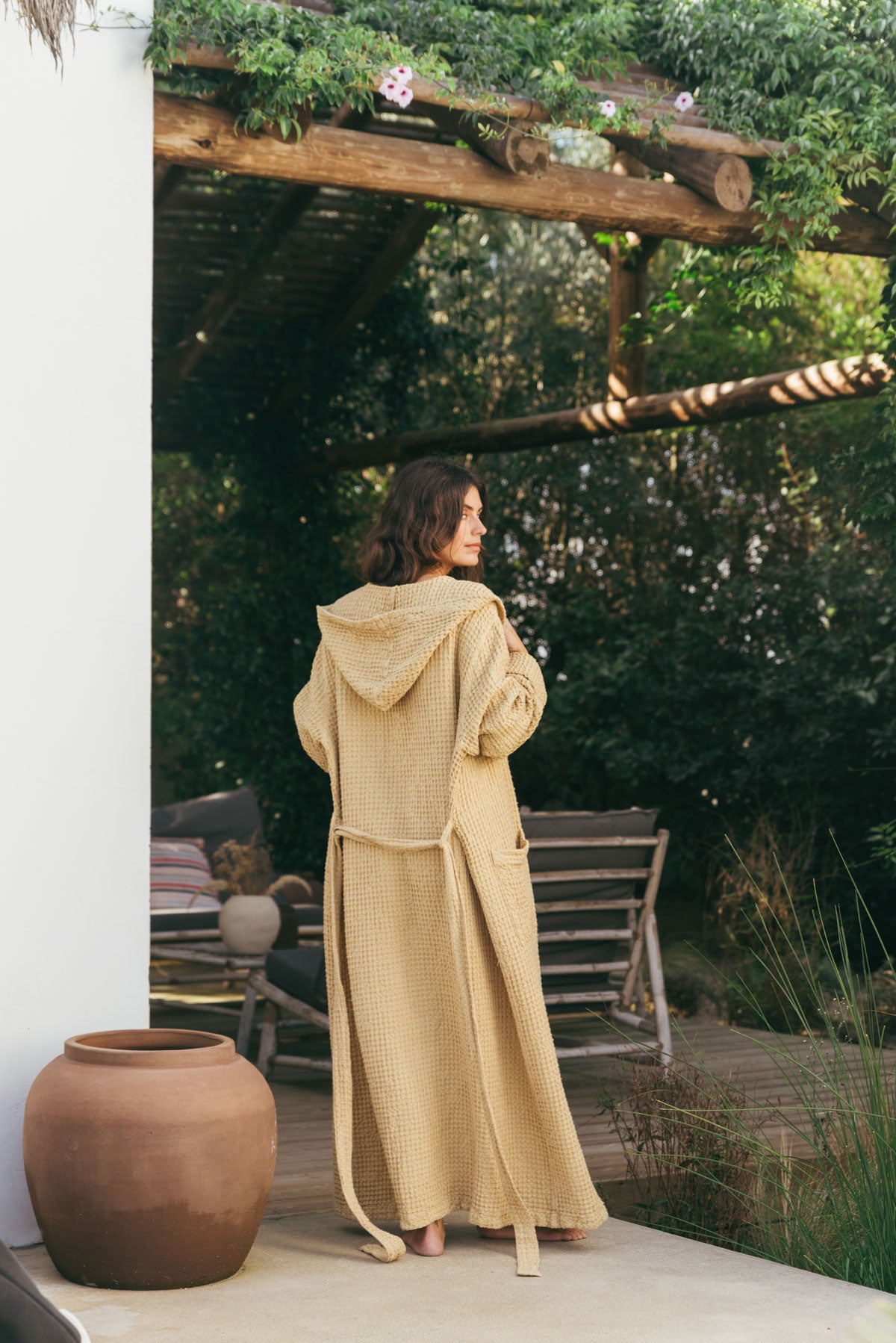AmourLinen womens vegan Bathrobe Waffle Snuggle Mustard