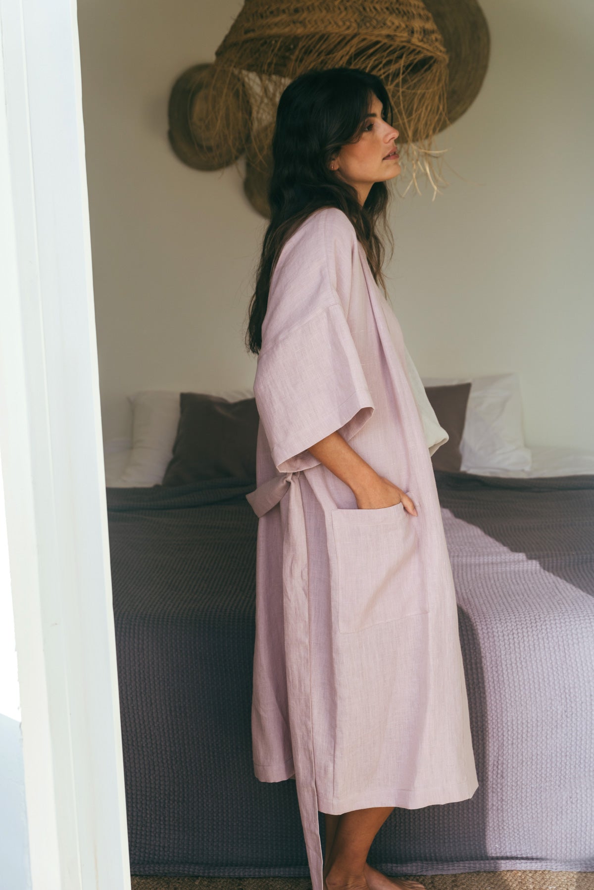 AmourLinen womens vegan Bathrobe Midnight Dusty Rose