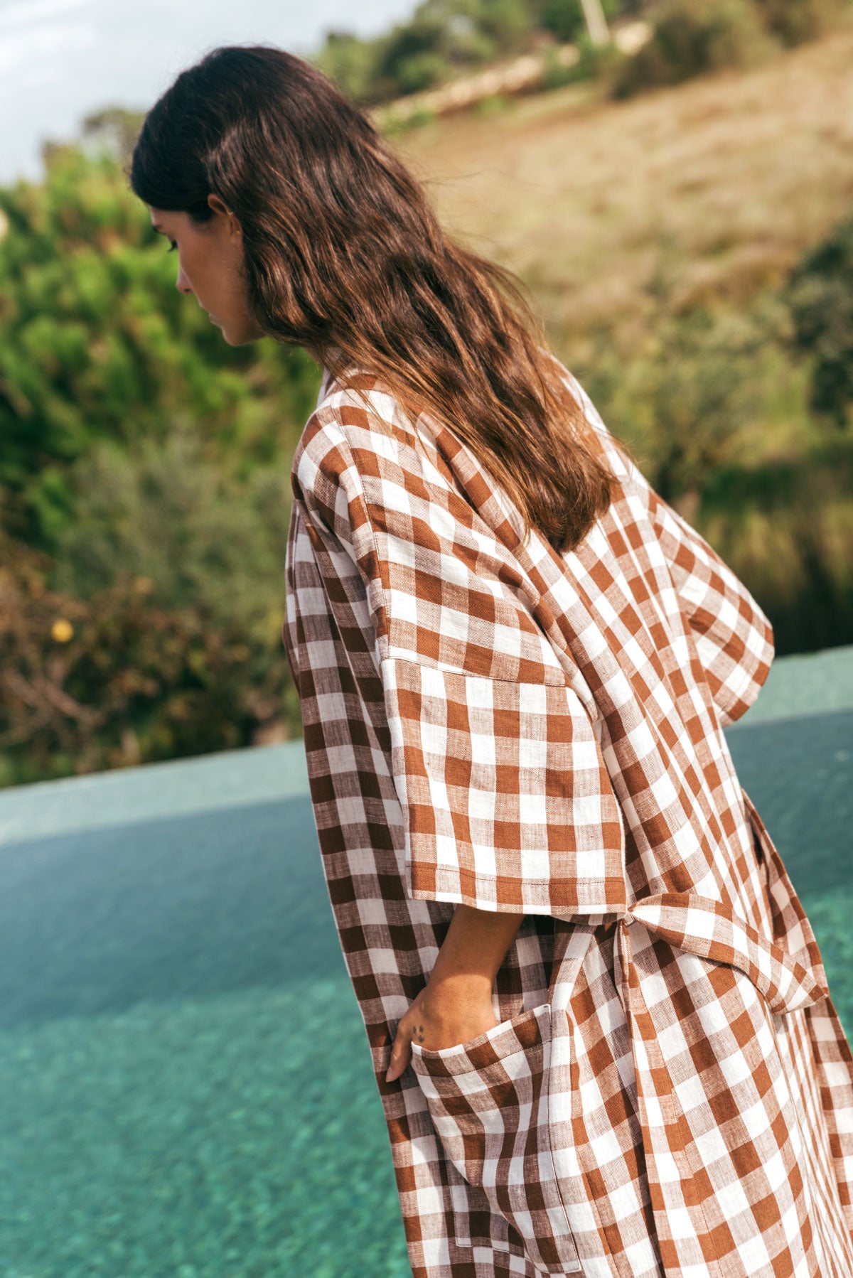 AmourLinen womens vegan Bathrobe Midnight Mocha Gingham