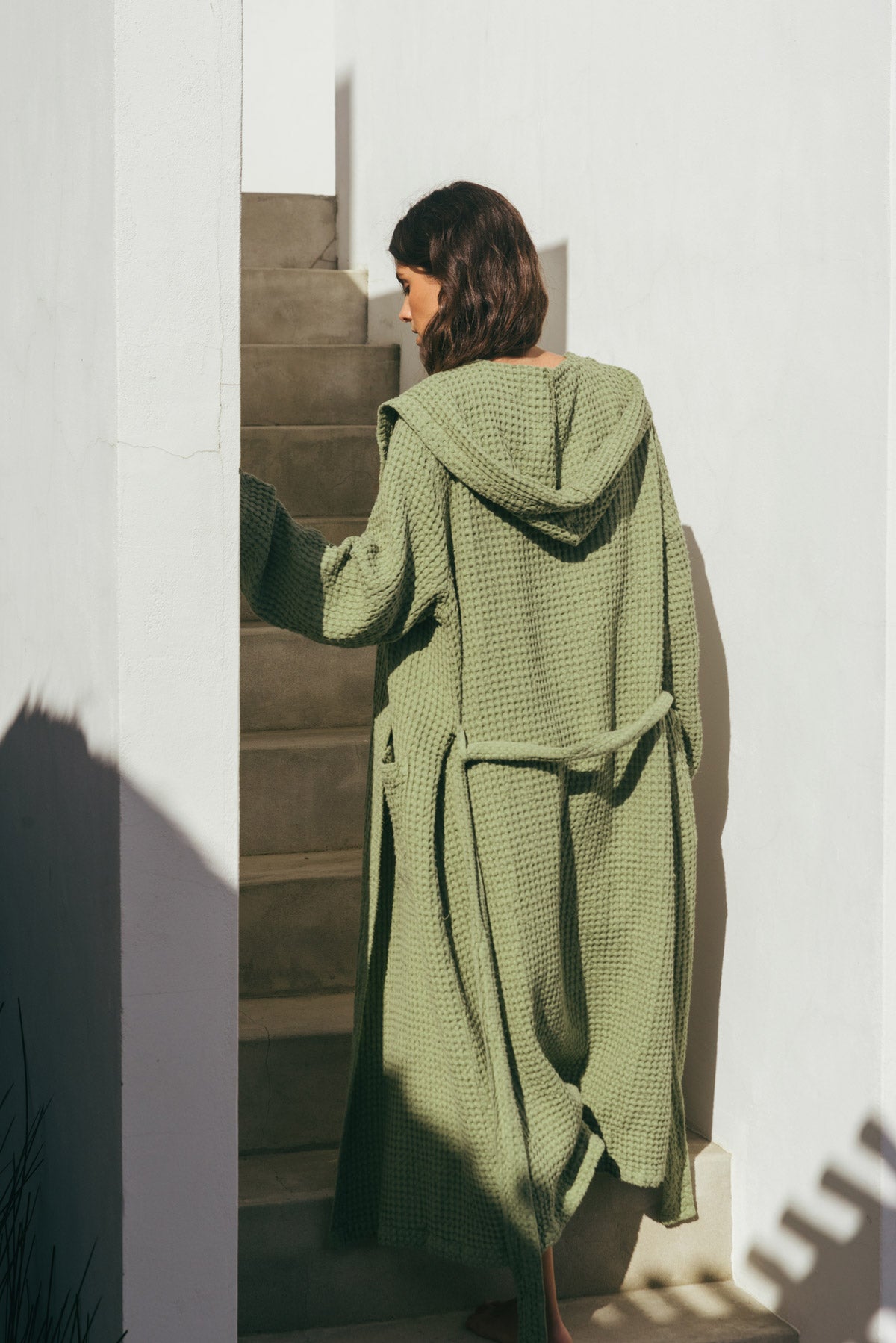 AmourLinen womens vegan Bathrobe Waffle Snuggle Moss Green