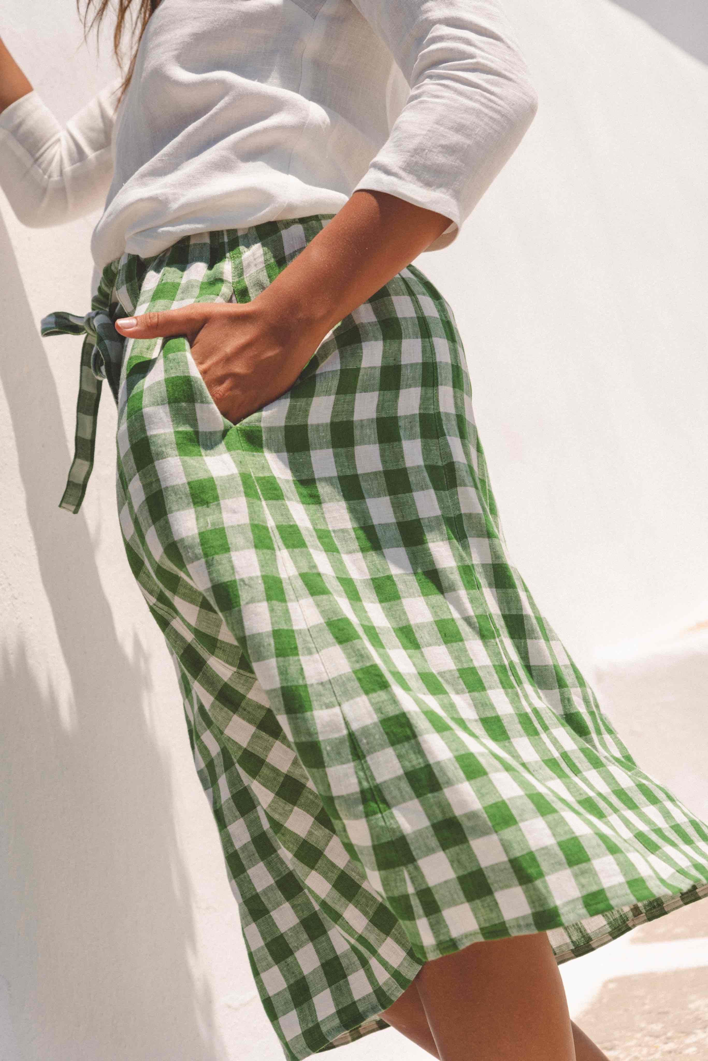 AmourLinen womens vegan Skirt Mid Length Bergen Green Gingham