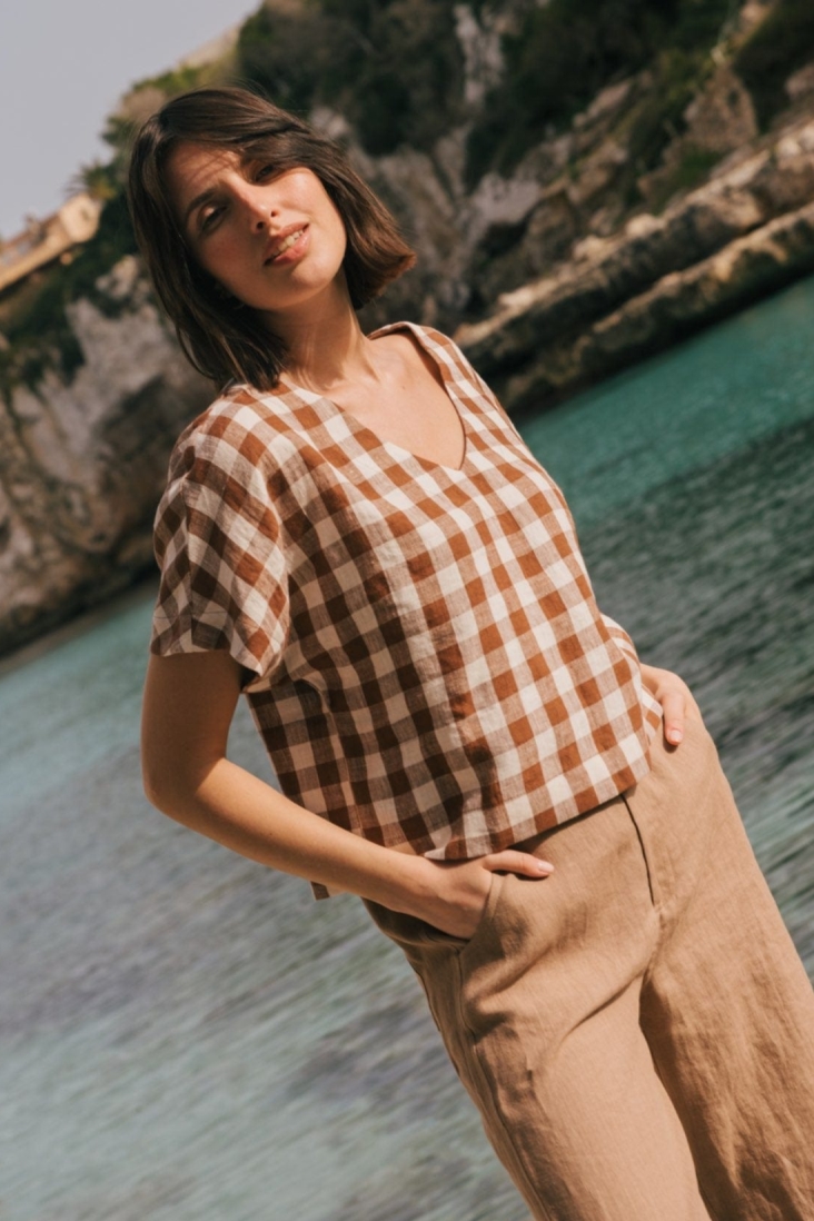 AmourLinen Damen vegan Oberteil Lily Mocha Gingham