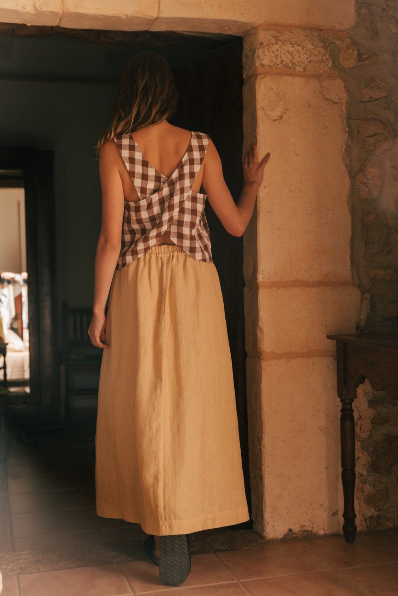 AmourLinen womens vegan Top Ella Mocha Gingham