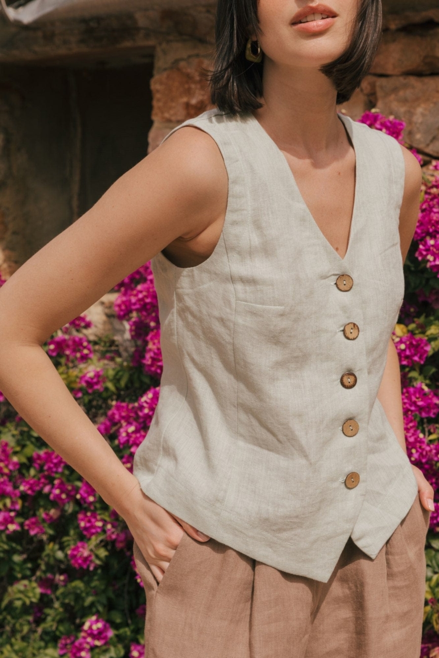 AmourLinen Damen vegan Weste Greta Salbei GrÃ¼n
