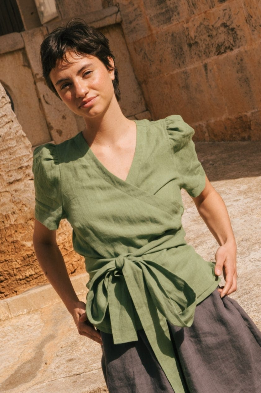 AmourLinen Damen vegan Wickel-Top Elisa Matcha GrÃ¼n