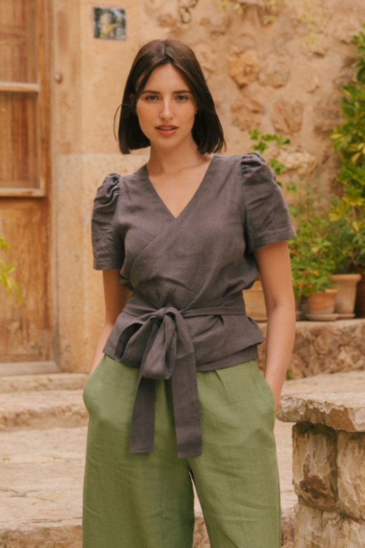 AmourLinen Damen vegan Wickeltop Elisa Holzkohle