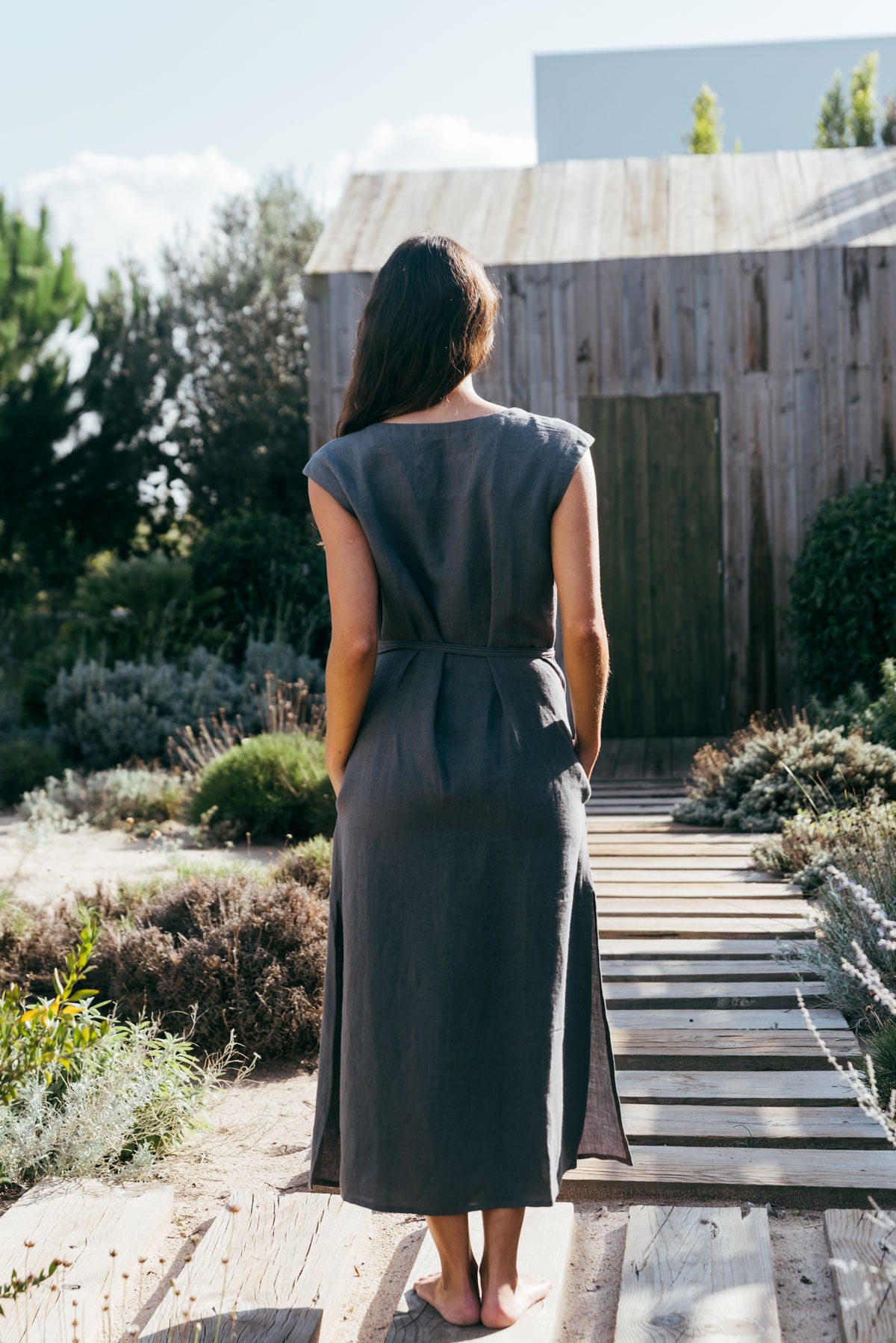 AmourLinen womens vegan Dress Mid Length Aurora Charcoal