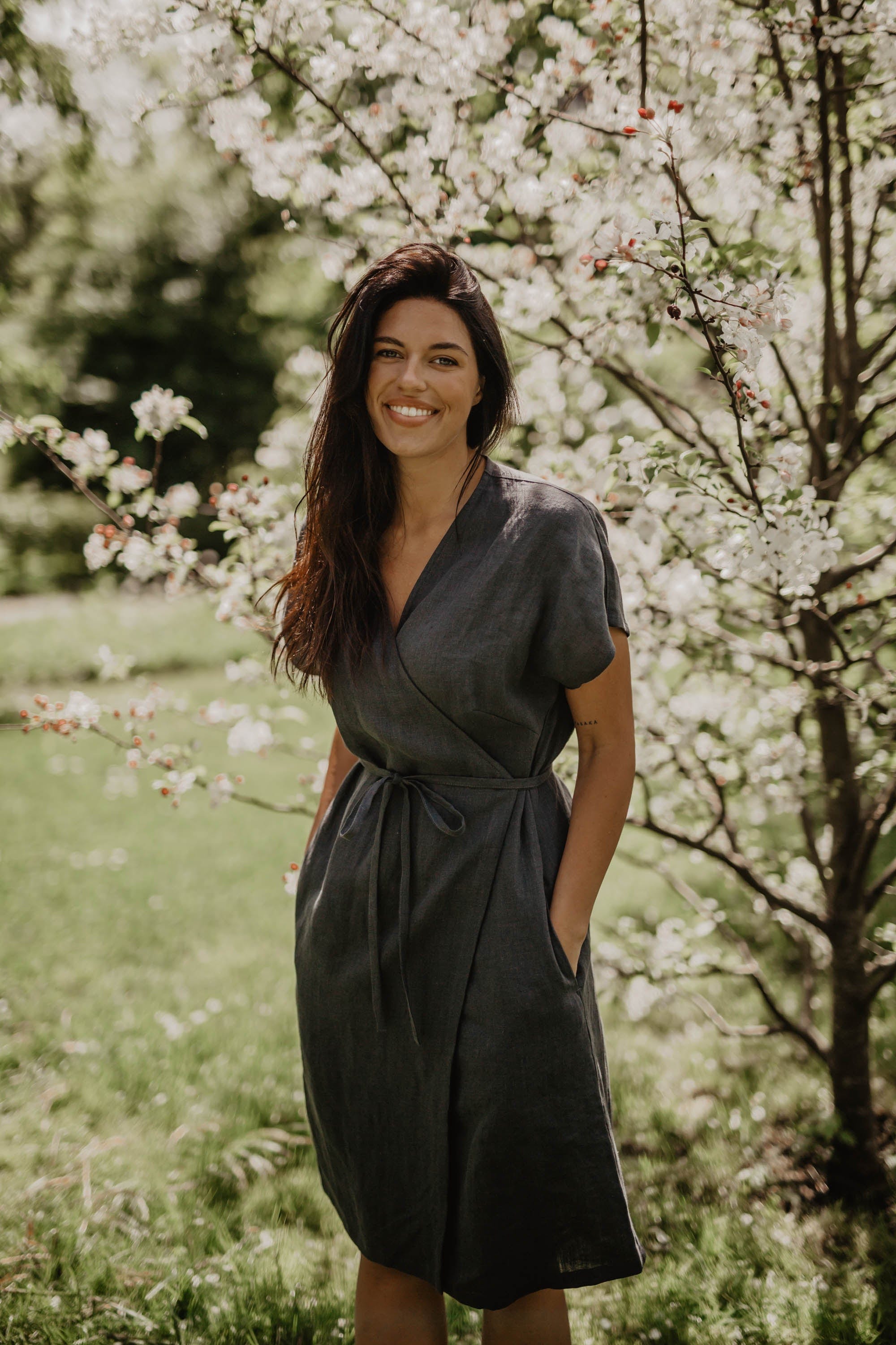AmourLinen Wrap Dress Olivia Charcoal