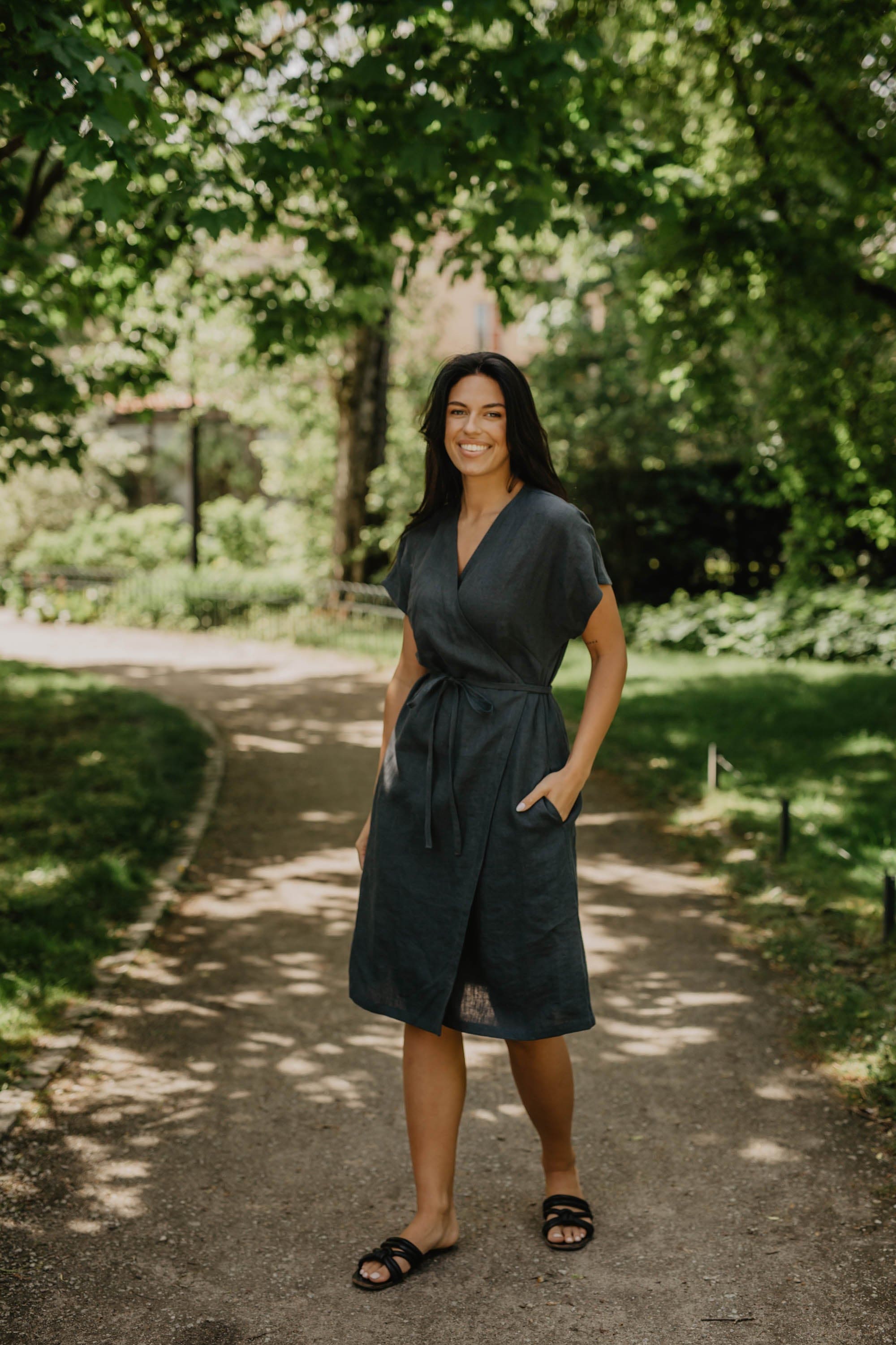 AmourLinen womens vegan Wrap Dress Olivia Charcoal