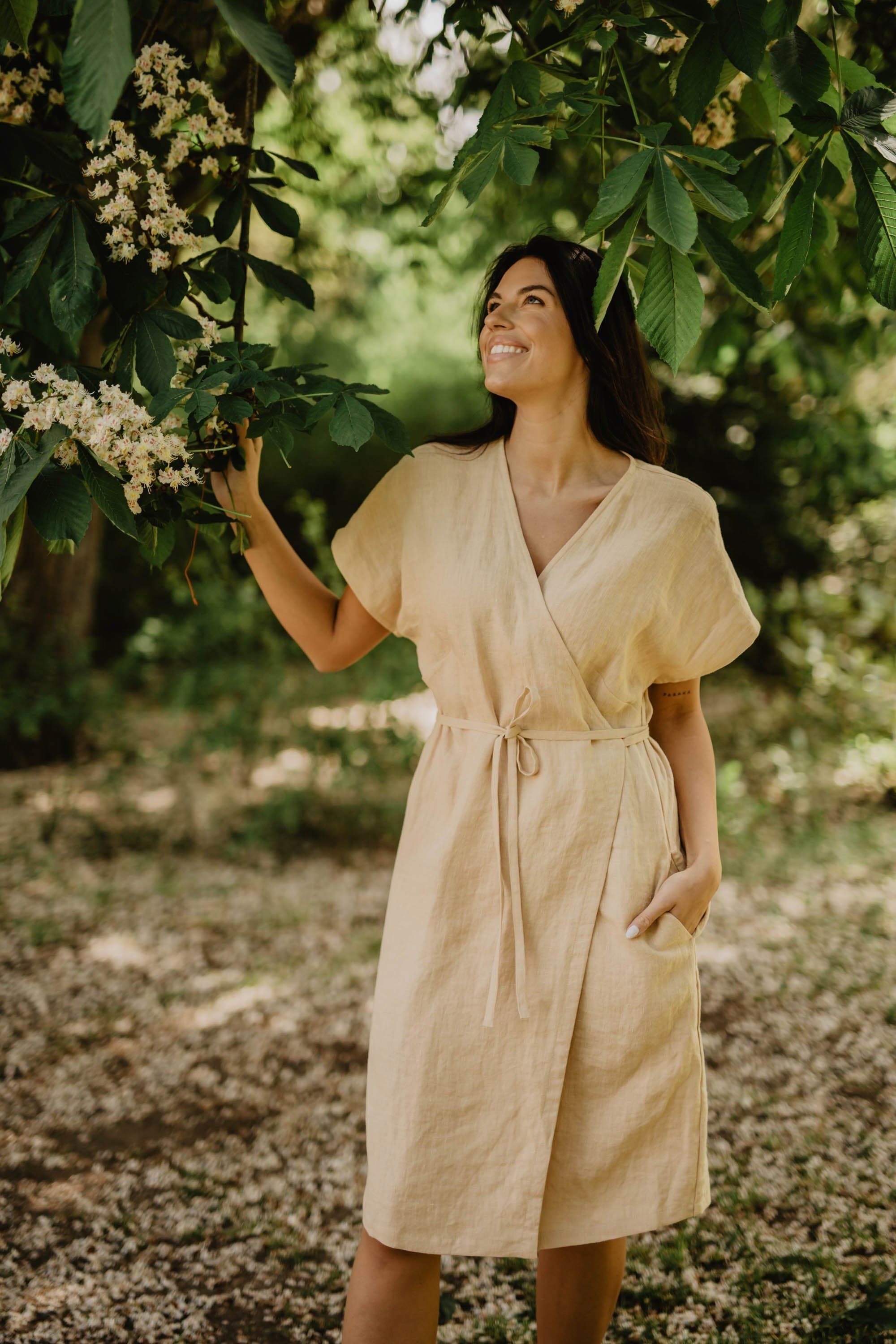 knee length dresses for ladies Natural Linen Wrap Dress - Midi, Cocktail, Summer, Wedding Guest - Spicy Yellow main image 0