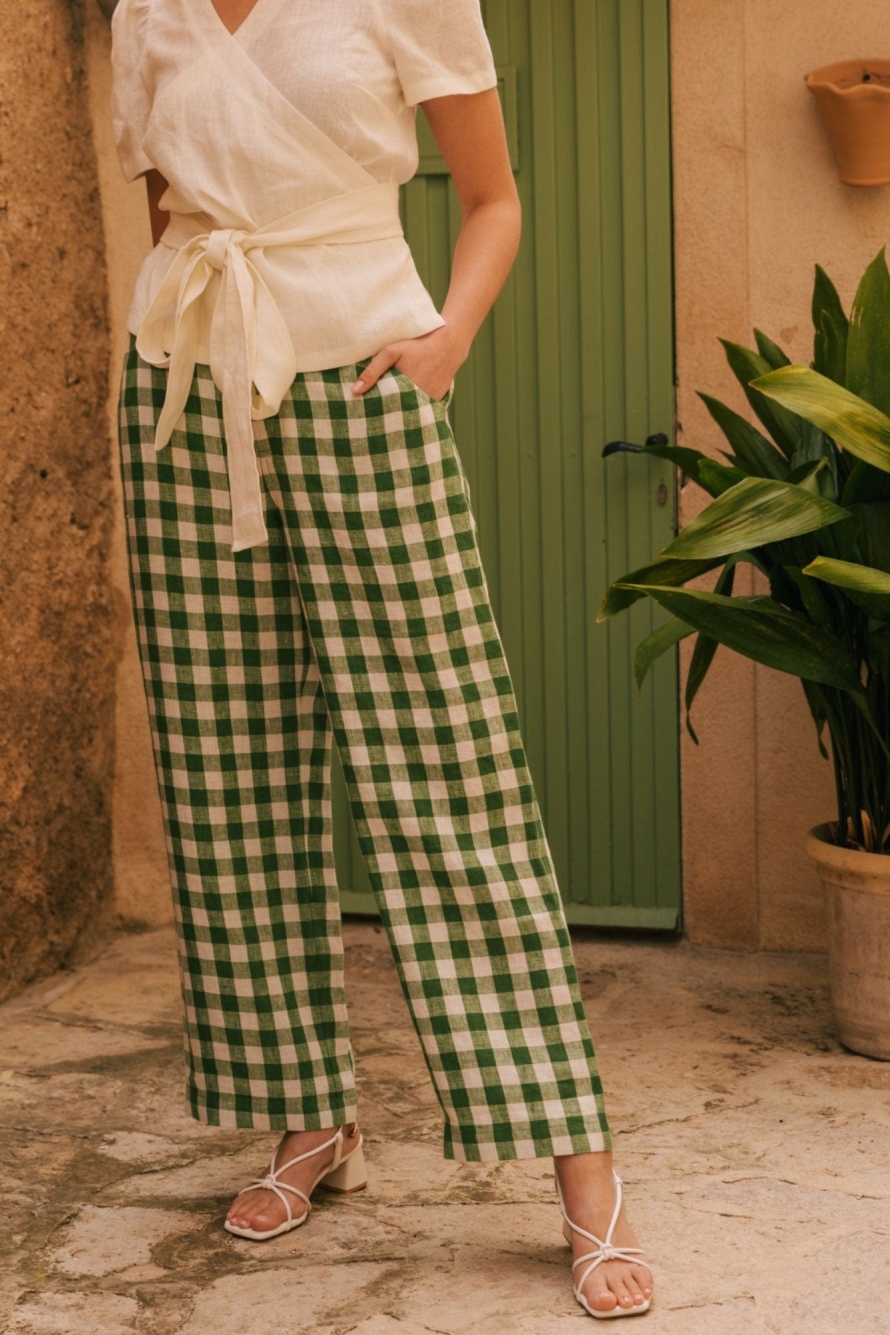 Image of AmourLinen dames vegan Broek Rechte Barbora Groene Gingham