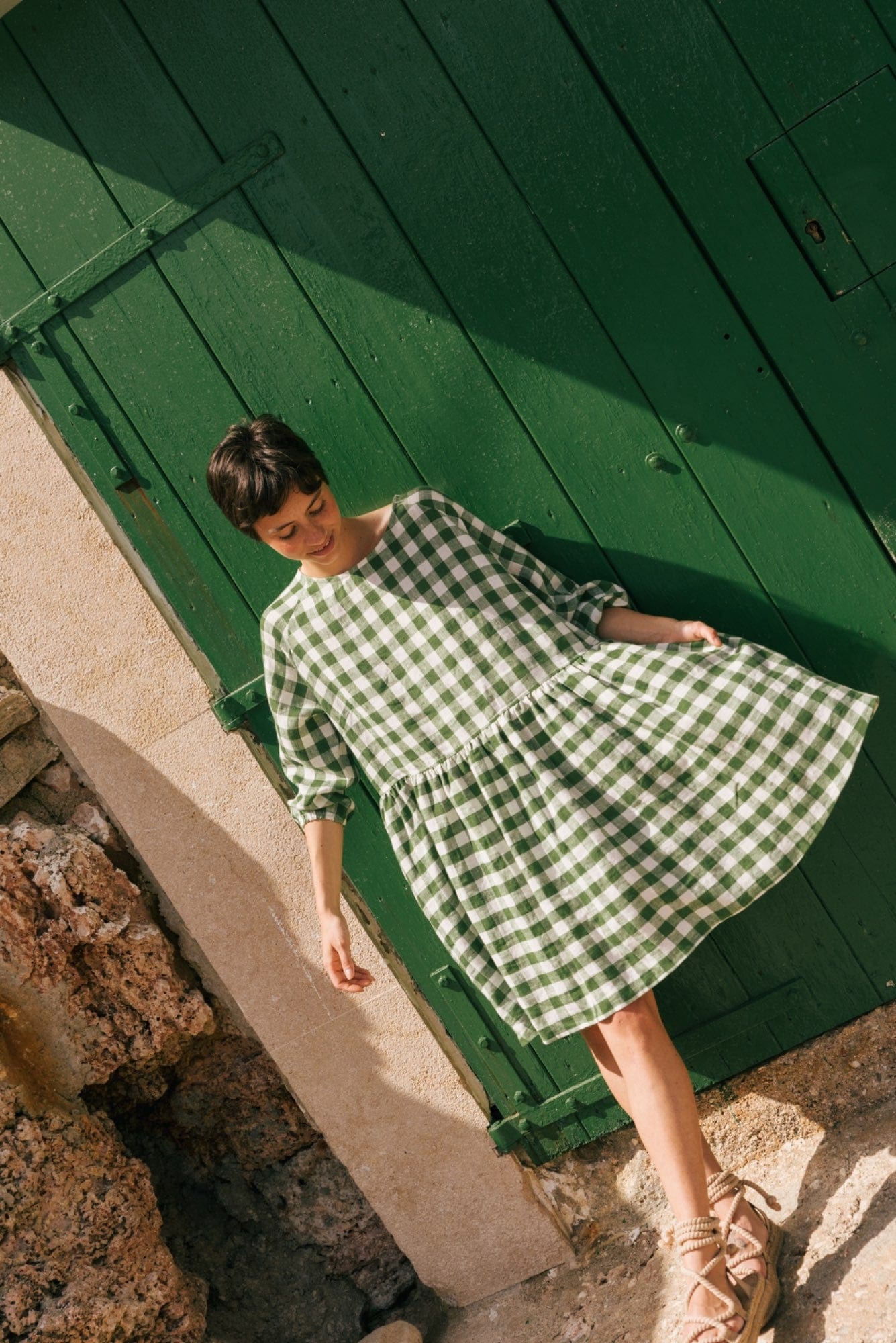 AmourLinen womens vegan Dress Sofia Green Gingham