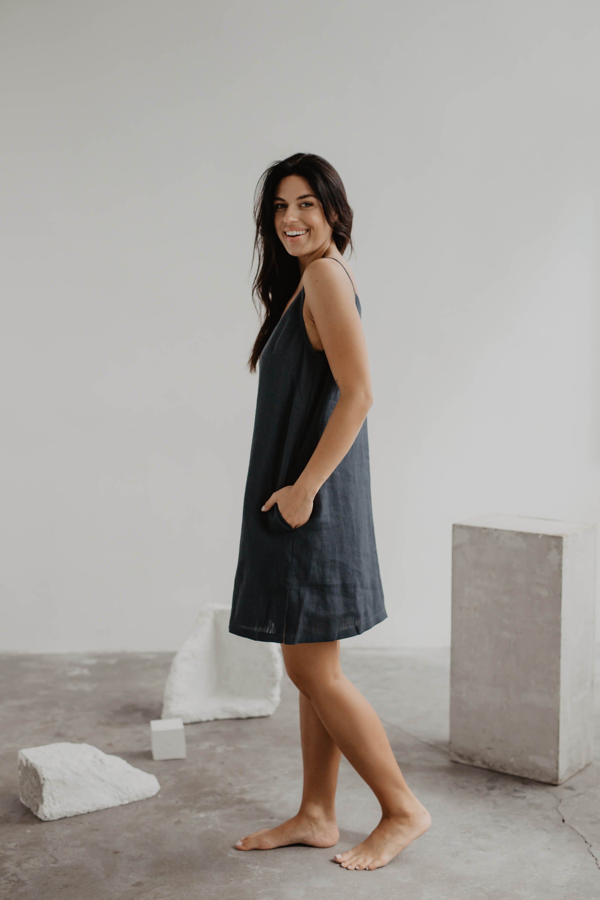 knee length dresses for ladies Grey Linen Asymmetric Dress C427  YLISTYLE