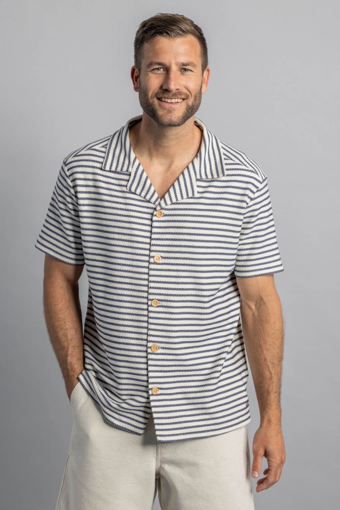 Image of DIRTS mannen vegan Overhemd Knoop 50s Gestreept Off White/Marineblauw