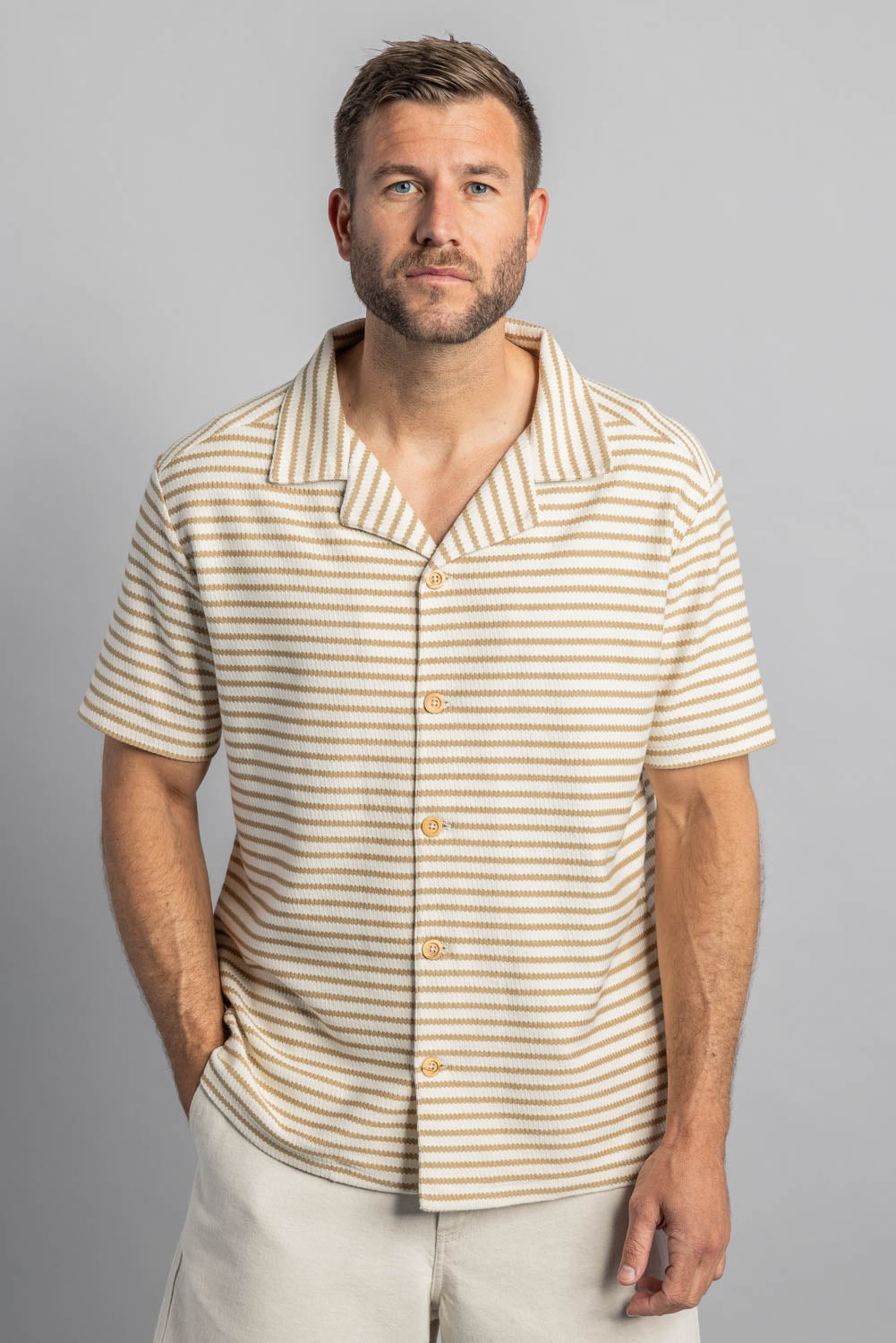 DIRTS men vegan Shirt Button 50s Striped Off White/Sepia