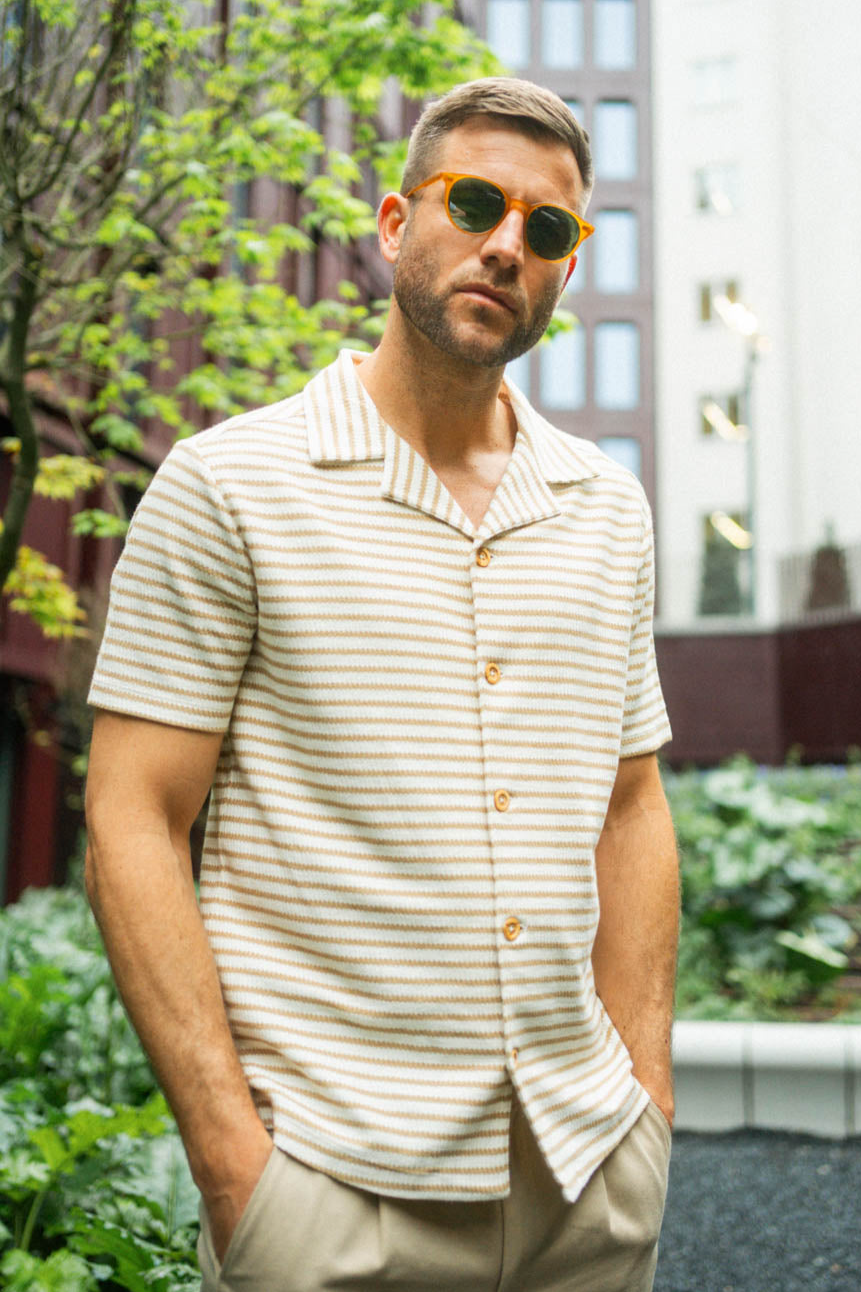 Image of DIRTS mannen vegan Overhemdknoop 50s Gestreept Off White/Sepia