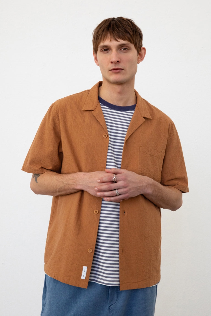 Image of Rotholz mannen vegan Shirt Seersucker Bowling Karamel