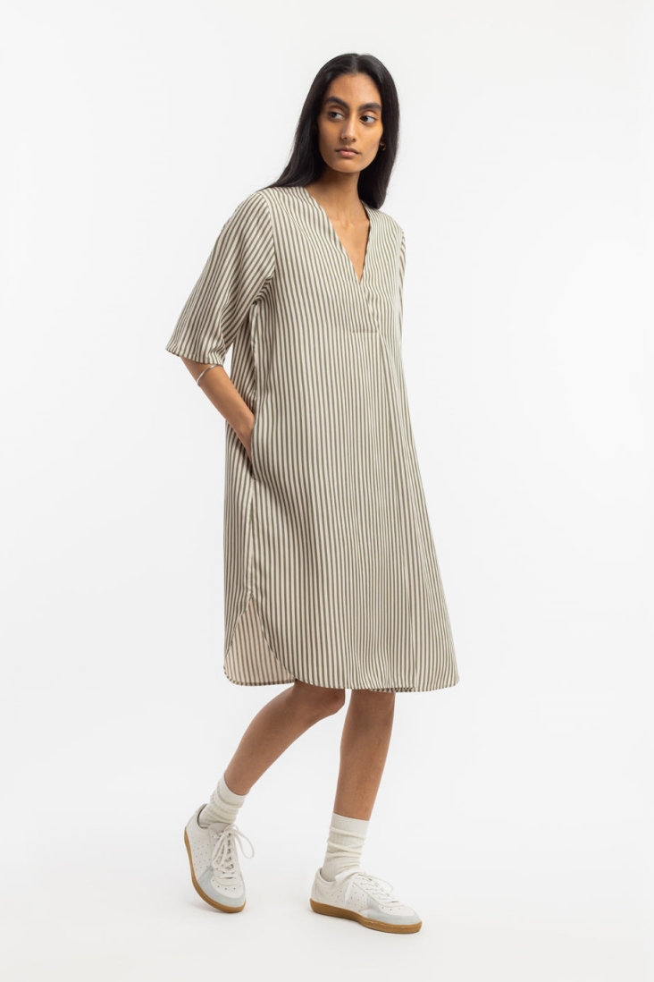 Rotholz Damen vegan Kleid Kaftan Olive/Sand Stripe