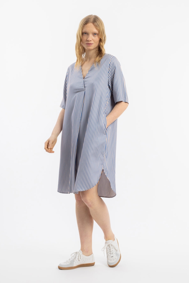 Rotholz Damen vegan Kleid Kaftan Blau/Sand Gestreift