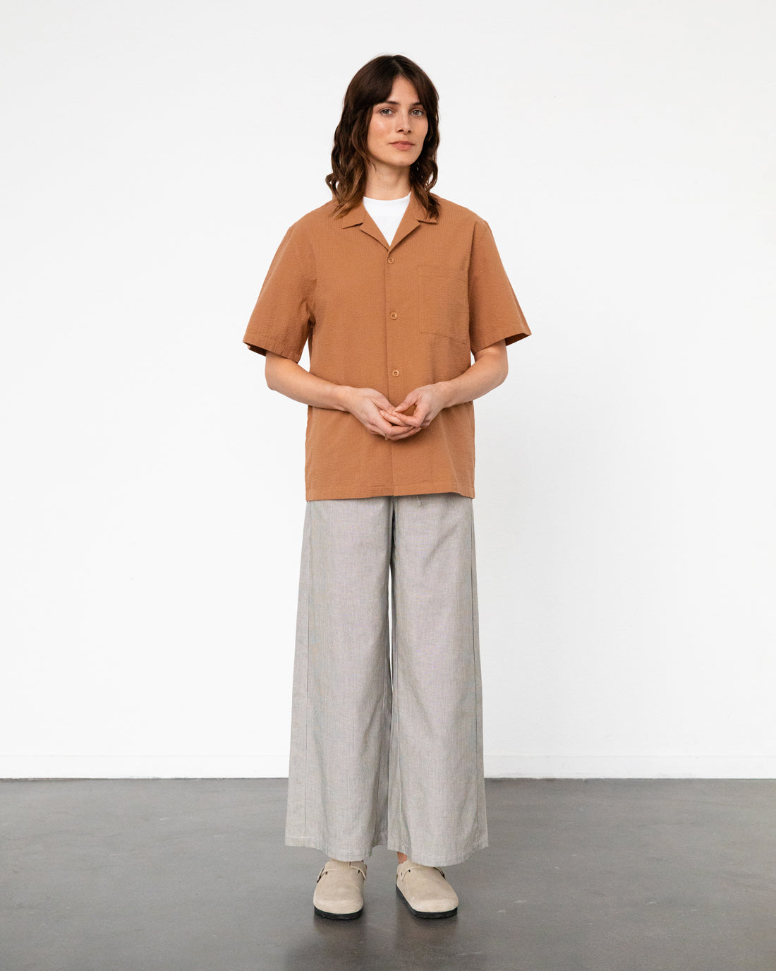 Rotholz womens vegan Shirt Seersucker Bowling Caramel