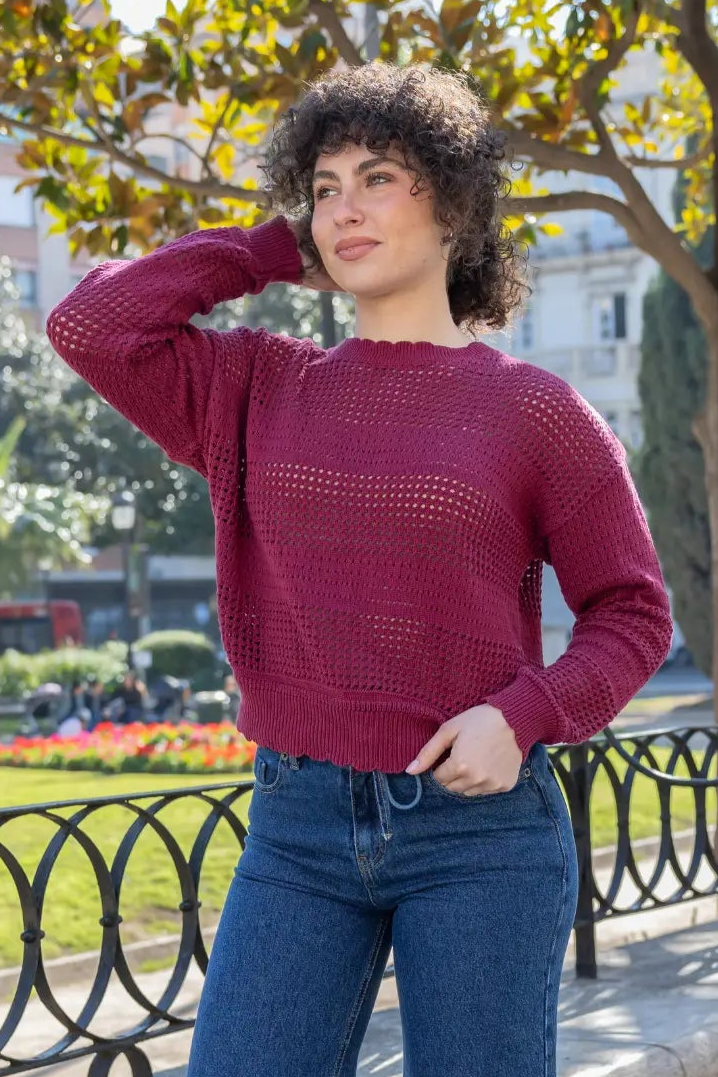 Clotsy Damen vegan Pullover Openwork Burgundy