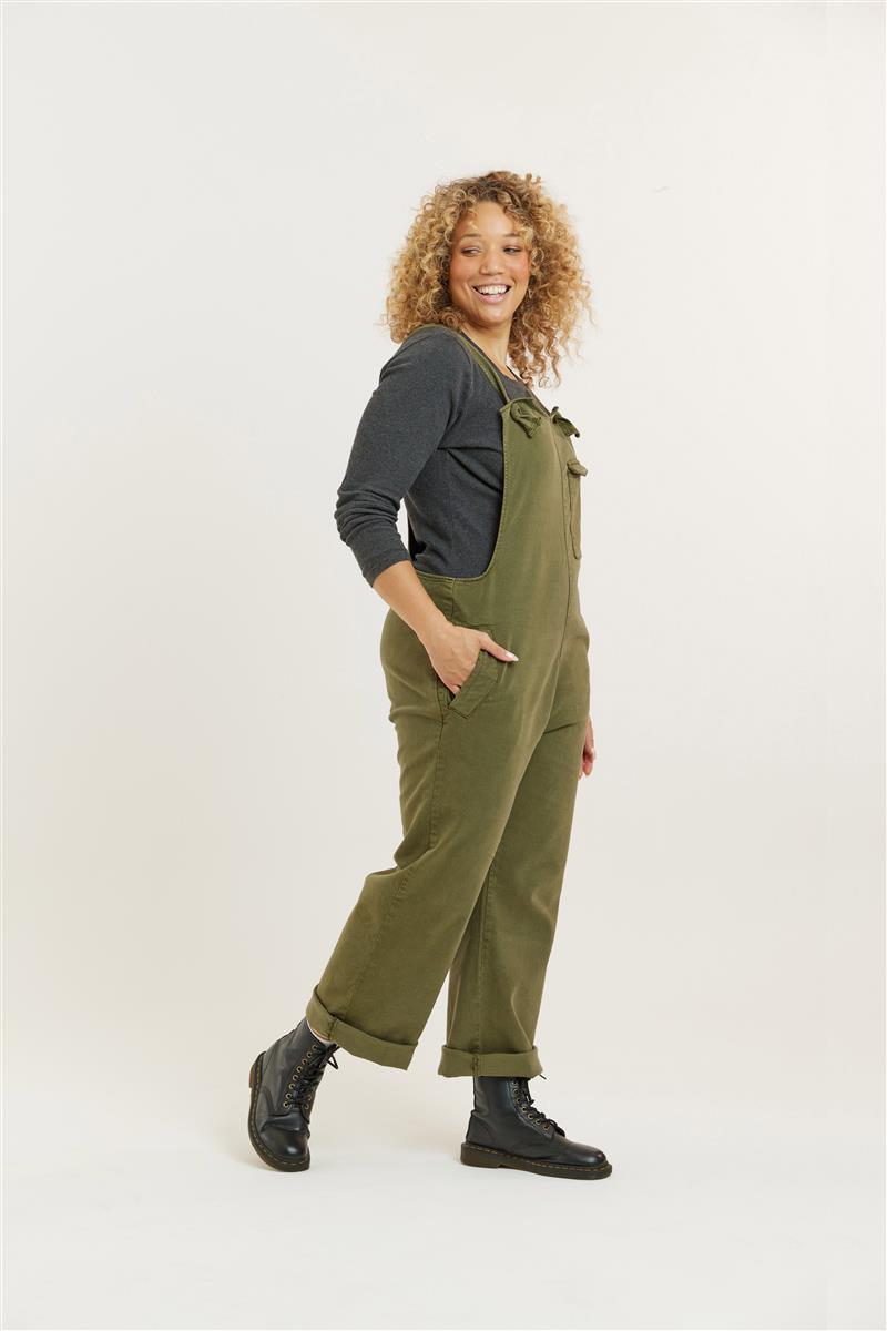 Flax and Loom womens vegan Dungarees Lou Barker Olive