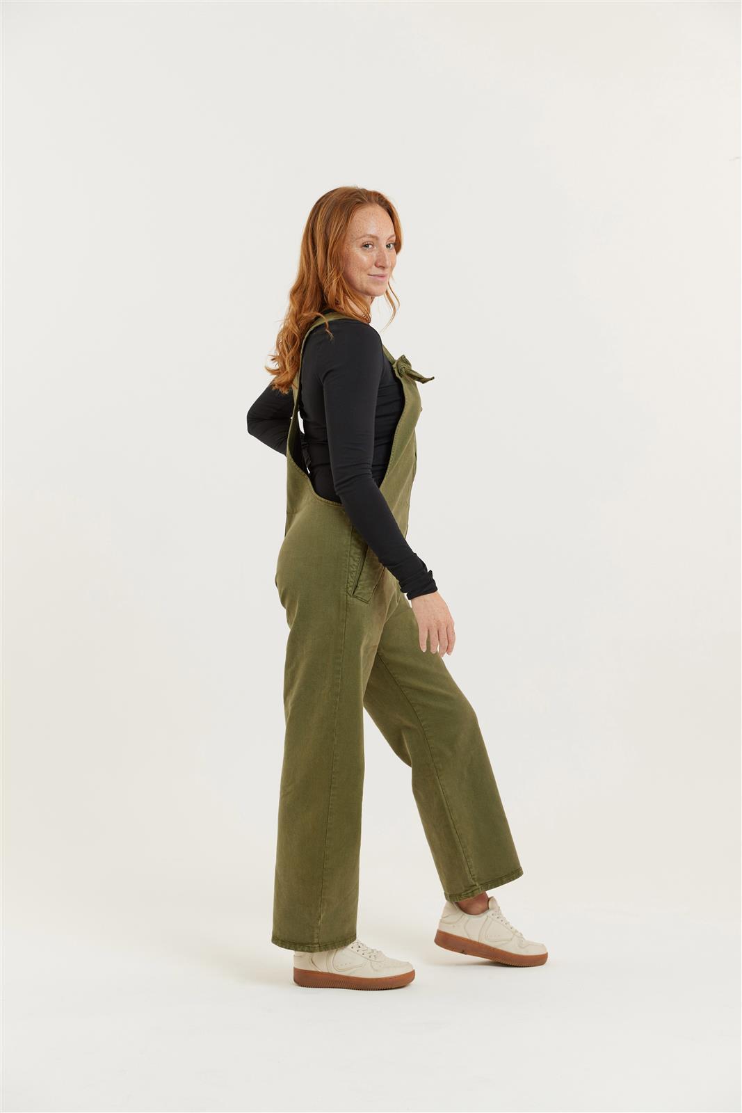 Flax and Loom womens vegan Dungaree Tencel Mary Lou Olive