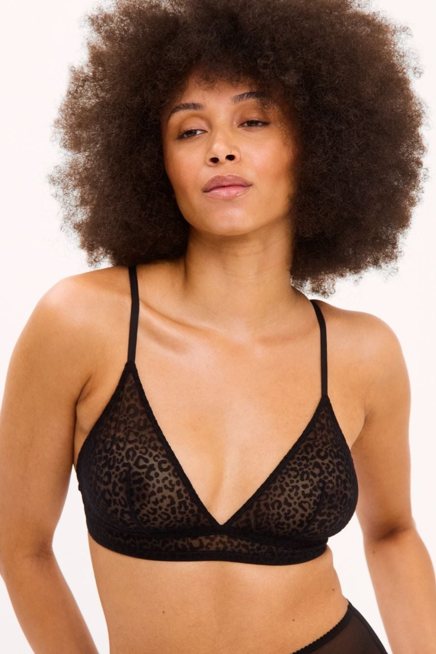Understatement Damen vegan Bralette Mesh Triangle Schwarz Leopard