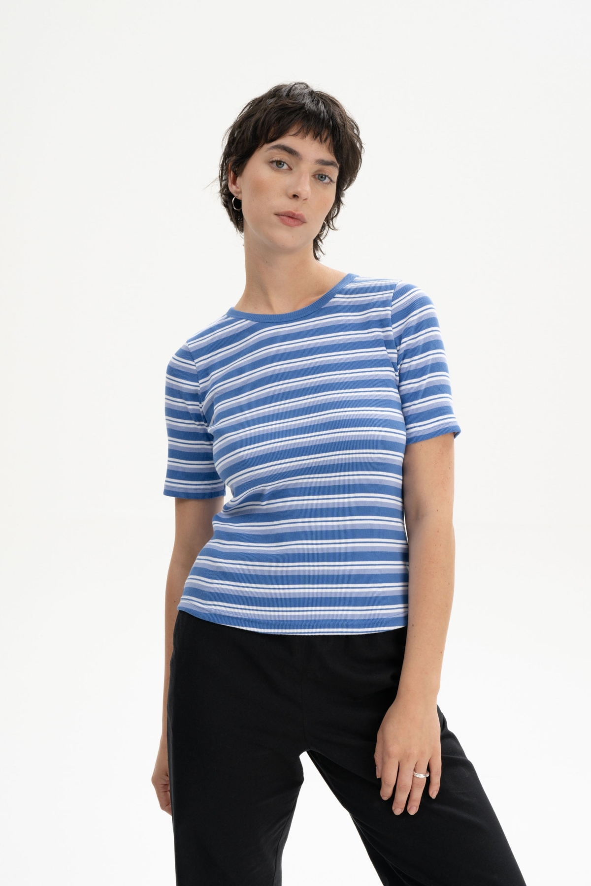 MELA womens vegan T-Shirt Ribbed Jasleen Blue Striped
