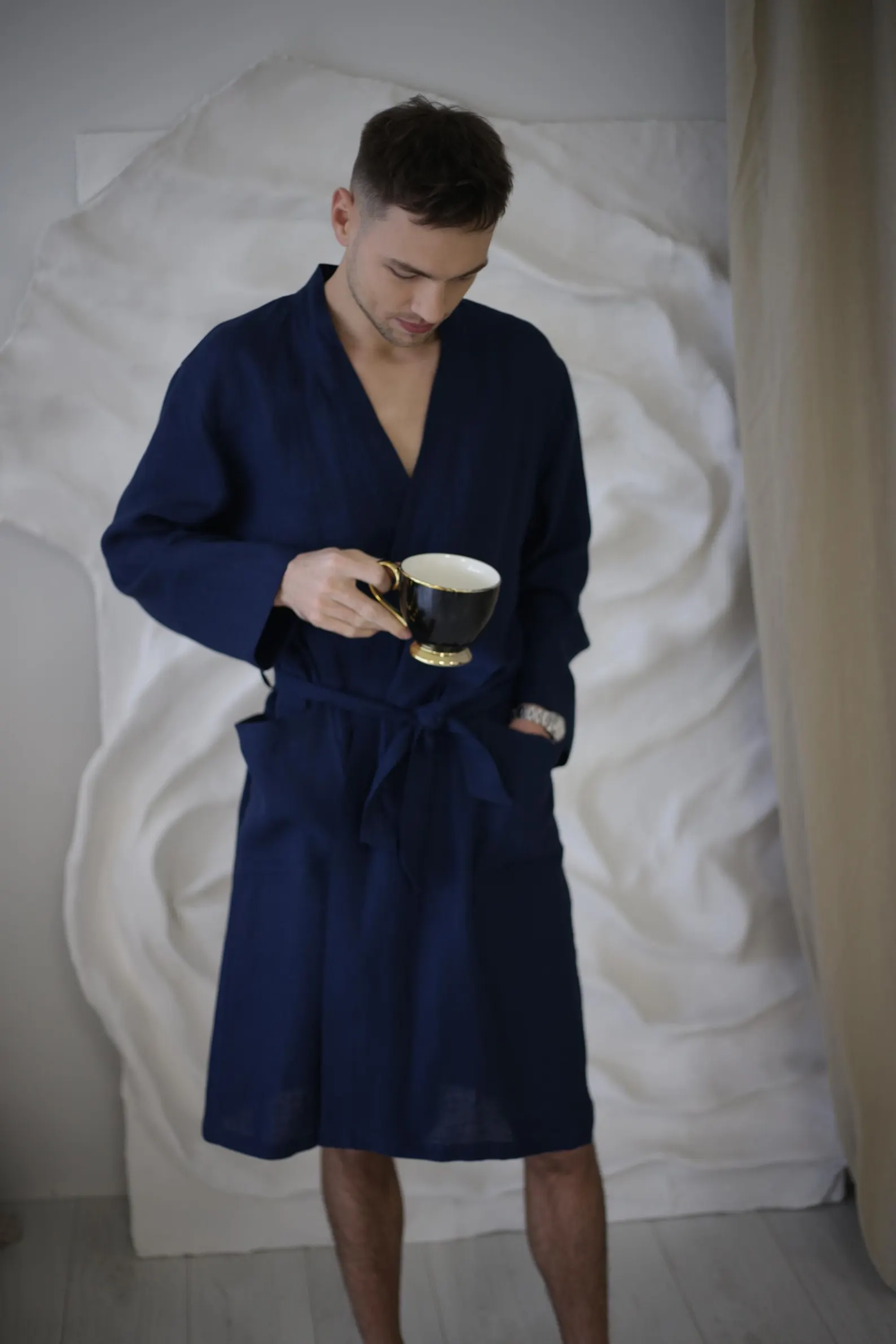 Amber Linen men vegan Bathrobe Navy Blue