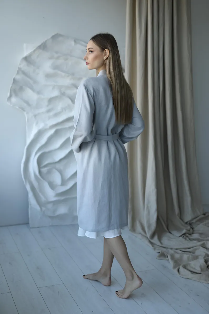 Amber Linen womens vegan Robe Mona Grey