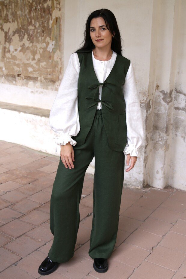 Amber Linen womens vegan Vest Charlotte Forest Green