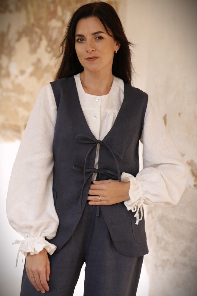 Amber Linen Damen vegan Weste Charlotte Charcoal Grey