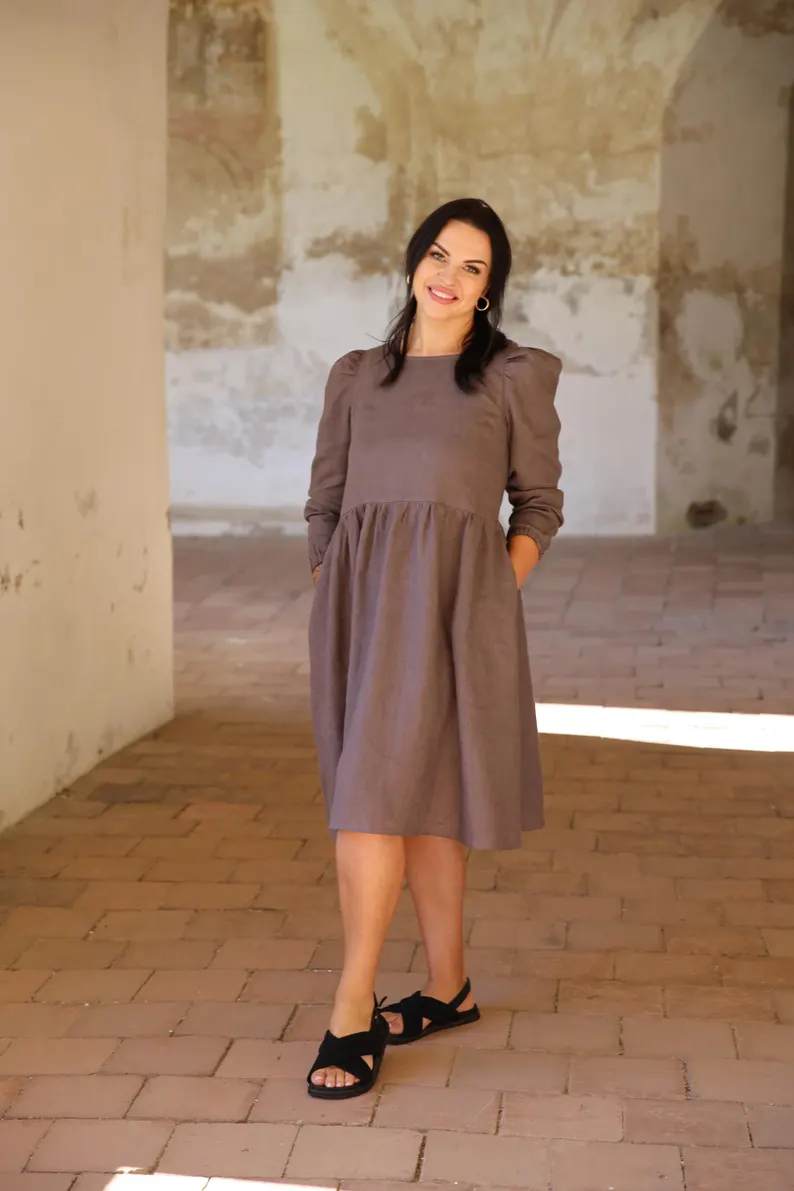 Amber Linen womens vegan Dress Sarah Taupe Brown