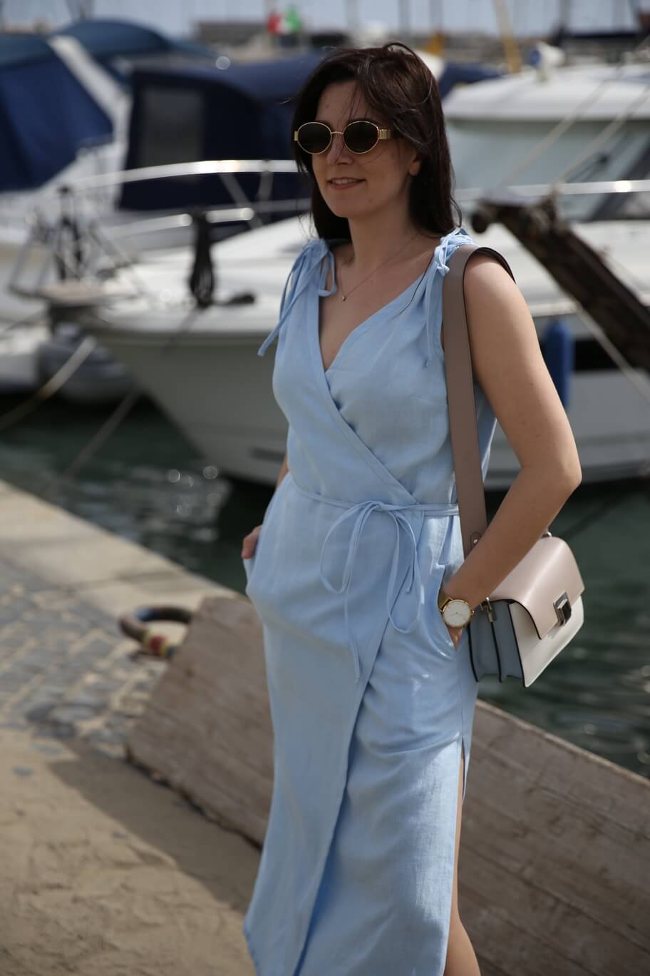 Amber Linen Damen vegan Wickelkleid Dubai Himmelblau