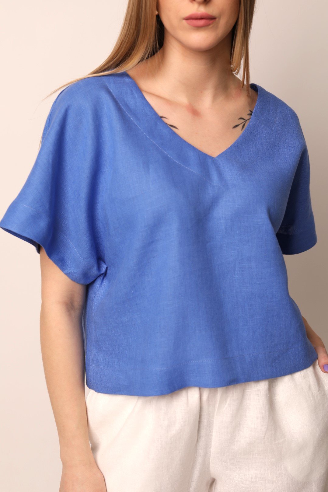 Amber Linen Damen vegan Top Malta Kornblumenblau